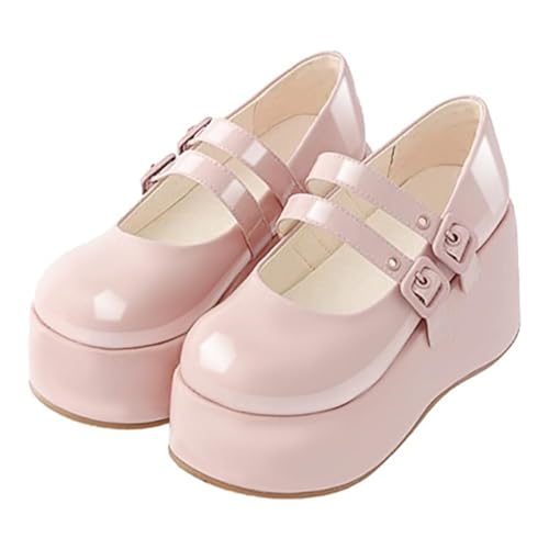 Accloris Platform Mary Jane Shoes Women Girls,Ankle Strap Round Toe Goth Chunky Uniform Dress Pumps Shoes Oxfords - 8 - Pink