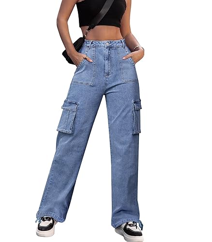 ZMPSIISA Women High Waisted Cargo Pants Wide Leg Casual Pants 6 Pockets Combat Military Trousers - Large - Denim Blue