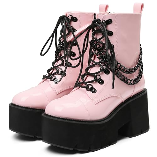 CYNLLIO Fashion Block Heel Platform Combat Ankle Booties Women's Lace up Studded Motorcycle Boots Mid Calf Boots - 10 - 4pink