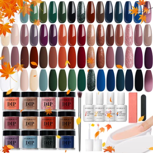 AZUREBEAUTY 42Pcs Dip Powder Nail Kit Starter, 32 Colors Spring Set Green Nude Brown Blue Acrylic Dipping Powder Set with Top/Base Coat Activator & Recycling Tray for French Art Manicure Salon Gift - Brown Green Nude