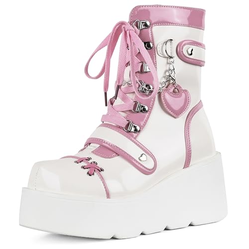 CELNEPHO Platform Ankle Boots for Women Wedge High Heel Booties Goth Round Toe Combat Boots Women Cute Heart Lace Up Rave Boots Outdoor Dress Boots with Chain - 10 - Pink