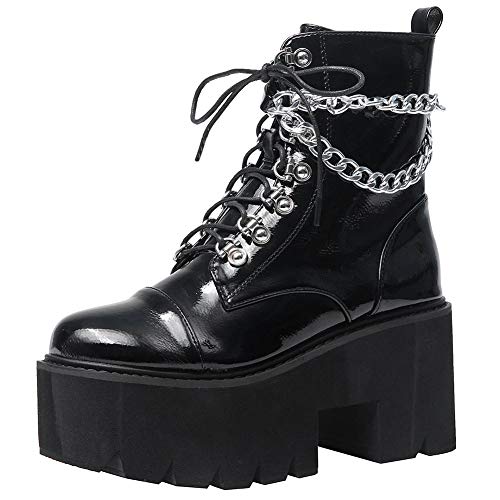 CYNLLIO Fashion Block Heel Platform Combat Ankle Booties Women's Lace up Studded Motorcycle Boots Mid Calf Boots - 10 - 4 Black