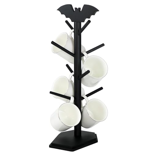 RSSCIIIUL Bat Mug Holder Tree - 8 Hooks Coffee Mug Rack - Gothic Home Decor Wood Coffee Mug Tree for Countertop - Coffee Cup Holder for Halloween Kitchen Organizer & Coffee Bar Accessories