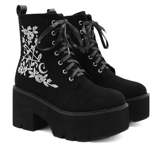 rui yue Womens Platform Boots Round Toe Chunky Ankle Boots Punk Boots Lace Up&Zipper Combat Boots - 10 - Black-cx