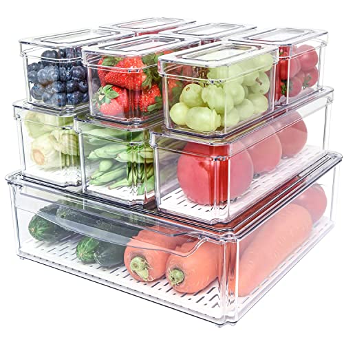Pomeat 10 Pack Fridge Organizer, Stackable Refrigerator Organizer Bins with Lids, BPA-Free Produce Fruit Storage Containers for Fridge Organizers and Storage Clear for Food, Drinks, Vegetable Storage - 10 Pack
