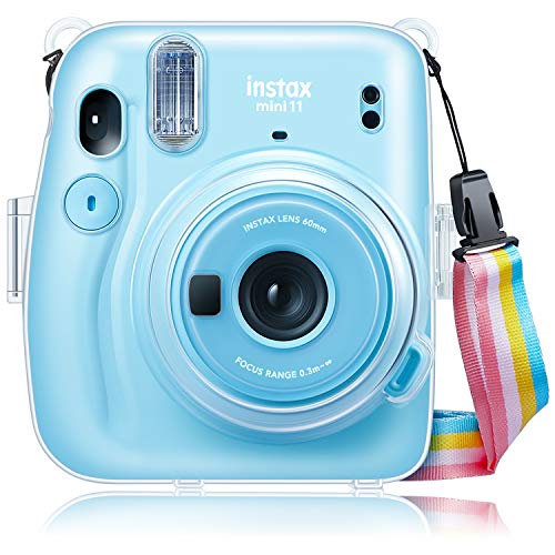 Fintie Protective Clear Case for Fujifilm Instax Mini 11 Instant Film Camera - Crystal Hard Shell Cover with Removable Rainbow Shoulder Strap, Clear - Clear
