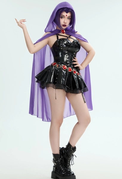 Raven Derivative Casual Outfit Strap Tank Top and Skirt with Hooded Sheer Cape and Belt Cosplay