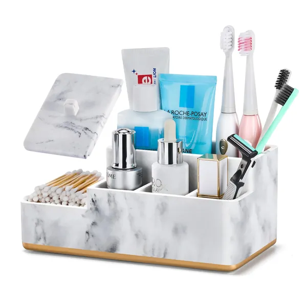 Toothbrush Holder, Aimou Bathroom Organizer Countertop, Bathroom Counter Storage Electric Toothbrush Toothpaste Razor Holder for Bathroom/Vanity, Cotton Ball, Cotton Swab, Floss, Marble White - White Marble Look