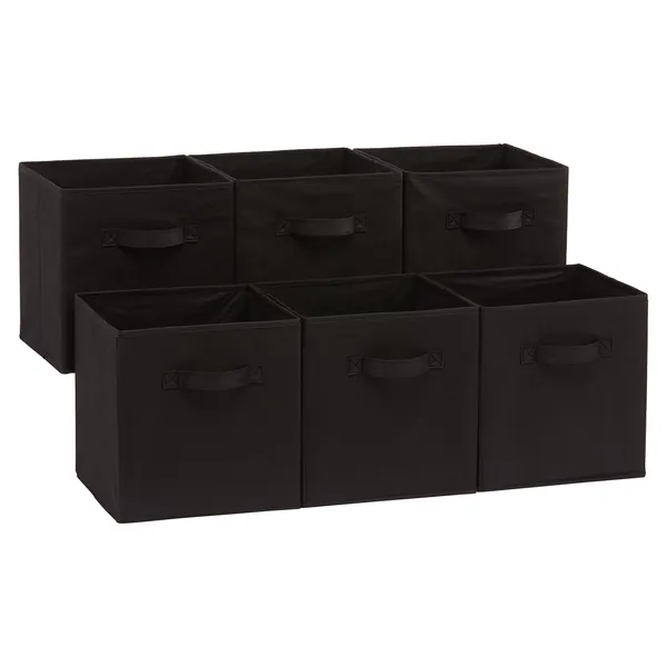Amazon Basics Collapsible Fabric Storage Cubes Organizer with Handles, Black - Pack of 6 - Black