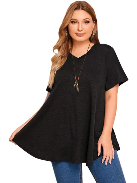 Milumia Women's Plus Size V Neck Short Sleeve Curved Hem Blouse Swing Tops - 3X-Large Plus Black