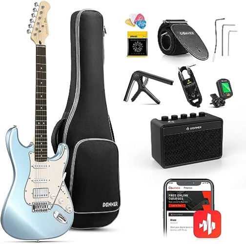 Donner DST-152R Electric Guitar, 39" Beginner Electric Guitar Kit, HSS Pickup with Coil Split, Guitar Starter Set with Amp, Bag, All Accessories, Metallic Ice Blue - Ice Blue