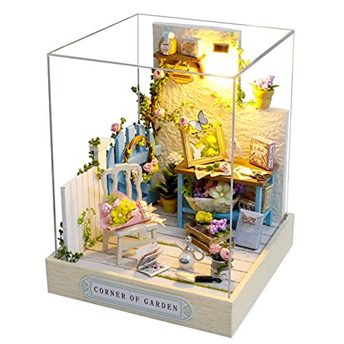 Cuteroom DIY Wooden DollHouse Kit,Dollhouse Miniature with Furniture and Dust Cover Handmade Crafts Miniature Dolls House kit for Teens Adult Gift (Corner of Garden) - Corner of Garden