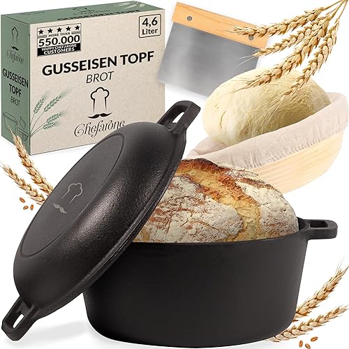 Chefarone Cast Iron Pot 2-in-1 with Proofing Basket and Dough Scraper. Bread Baking Mould with Lid, 4.6 Litres, Roasting Dish with Lid, Oven Safe, Cast Iron Pot, Bread Baking at Home, Cast Iron Pan - 4.6L Round