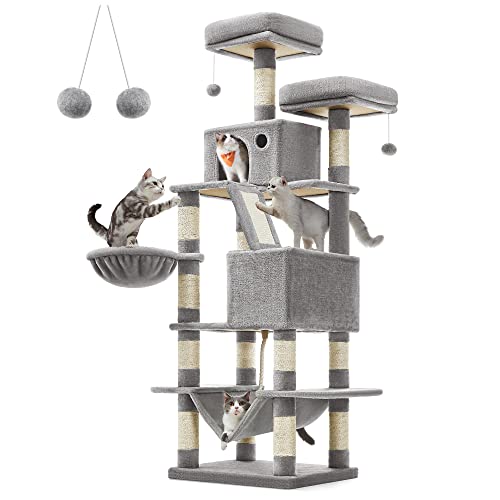FEANDREA Cat Tree, 168 cm Large Cat Tower with 13 Scratching Posts, 1 Scratching Ramp, 2 Perches, 2 Caves, Basket, Hammock, Pompoms, Multi-Level Plush Cat Condo for Indoor Cats, Light Grey - L (55 x 45 x 168 cm) - Light Grey