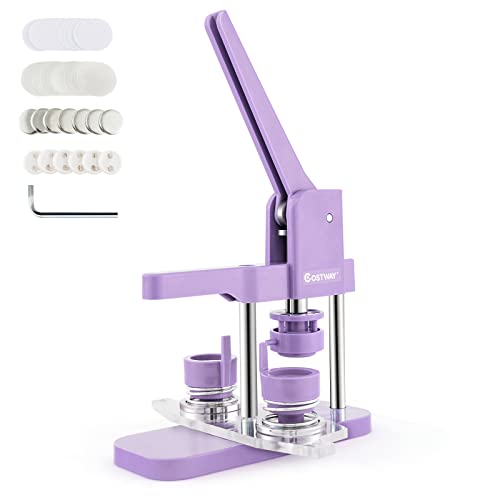 COSTWAY Button Maker Machine, 25 mm Badge Making Punch Press Machine with 1000pcs Button Parts, Circle Cutter & Screw Wrench, DIY Round Pin Maker Kit for Custom Pin Badges (Purple) - Purple