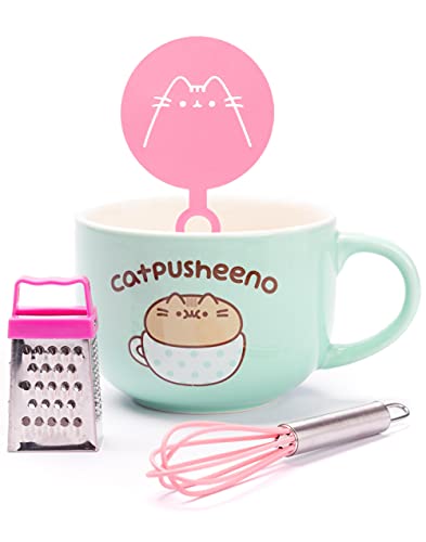 Pusheen Mug and Stencil Whisk Grater Accessories Set | CatPusheeno Animated Cat Cup | Coffee Barista Birthday Gifts | Blue Ceramic Homeware 17 Oz