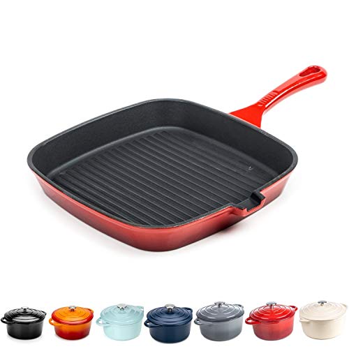 Grill Pan – Cast Iron Frying Pan Induction and Gas Square Griddle Pan – 23.5 cm – 10 Year Guarantee Red - 23.5 cm Grill Pan - Red