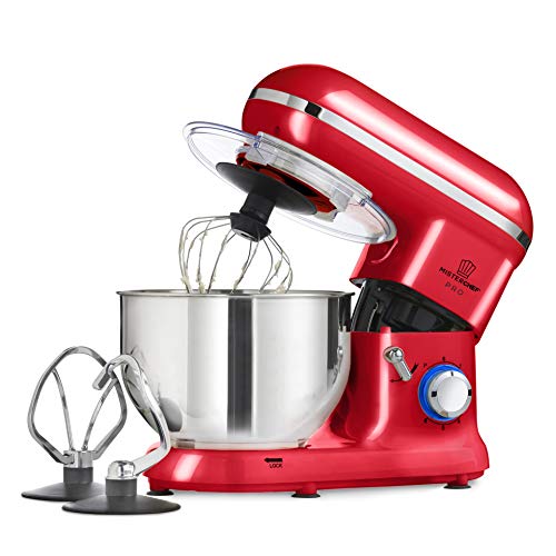 MisterChef PRO Professional Electric Kitchen 1600W Food Stand Mixer - RED - BIG BOWL - 3 Attachments: Eggbeater, Dough Hook & Stainless Steel Whisk - 5.5L Stainless Steel Bowl, 2 Year Warranty - Red