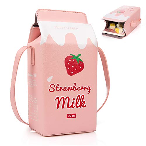 XiYee Girls PU Leather Purse, Chocolate Milk Box, Purse Bag, Cute Milk Box Wallet Bag Small Crossbody Personality Mini Shoulder Bag Handbags (PINK)