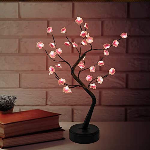 KOXHOX Cherry Blossom Tree Lamp, Bonsai Tree Light with 36 LED Japanese Decor Flower Lights, Battery/USB Plug Operated, Table Lamp for Bedroom Home Christmas Party Decoration - Pinkb