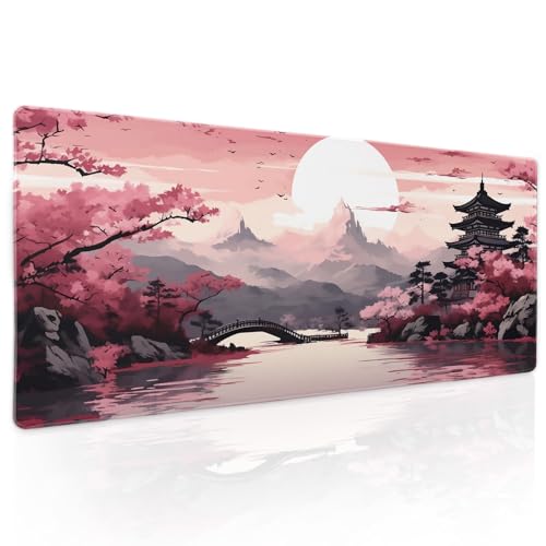 Pink Japanese Sakura Gaming Mouse Pad XL Cherry Blossom Tower Mountain Landscape Extended Large Desk Mat Big Mousepad Non-Slip Rubber Base Stitched Edge Long Desk Pad for Computer Gamer,31.5×11.8 in - Pink Japanese - X-Large