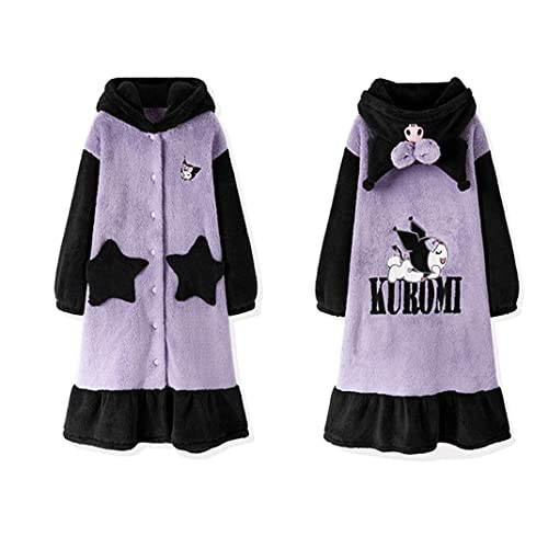 Akedimo Kawaii Anime Kuromi Winter Plush Thick Flannel Pajamas Soft Warm Comfortable Robe - Small - Black