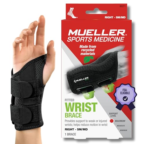 MUELLER Sports Medicine Green Fitted Wrist Brace, Wrist Pain Relief Support for Men and Women, Ideal for Carpal Tunnel, Tendinitis, Arthritis, Black - Small/Medium (Pack of 1) - Right