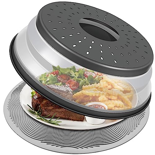 LekDrok Microwave Food Cover with Mat 10 Inch, Mat as Bowl Holder, Cover for Splatter Guard, Collapsible Lid for Plate Dish, Multi-Purpose Silicone Mat & Kitchen Colander Gadget for Meal Prep,Charcoal - Cover+10"Mat