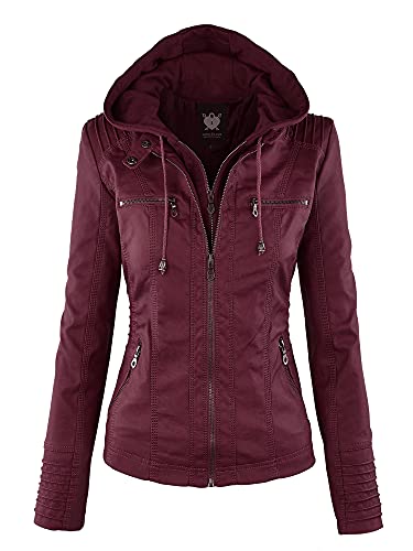 Lock and Love Women's Removable Hooded Faux Leather Jacket Moto Biker Coat - XX-Large - Wjc663_wine