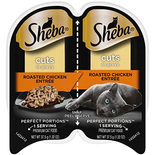 SHEBA PERFECT PORTIONS Cuts in Gravy Wet Cat Food Trays (24 Count, 48 Servings), Roasted Chicken Entrée, Easy Peel Twin-Pack Trays - Original - Chicken - 2.6 Ounce (Pack of 24)