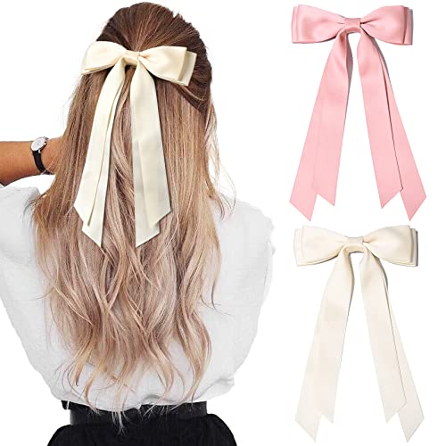 2PCS Silky Satin Hair Bows Hair Clip Beige Pink Hair Ribbon Ponytail Holder Accessories Slides Metal Clips Hair Bow for Women Girls Toddlers Teens Kids - Beige & Pink