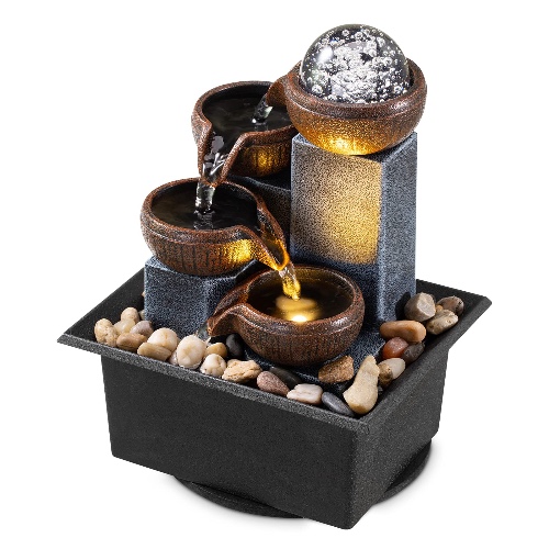 Tabletop Fountain 4 Level Tabletop Waterfall Meditation Fountain Indoor Fountain Office Home Relax Desktop Fountain Pool Includes Many Natural River Rocks LED Lights Fixed Decorative Bubble Ball - 