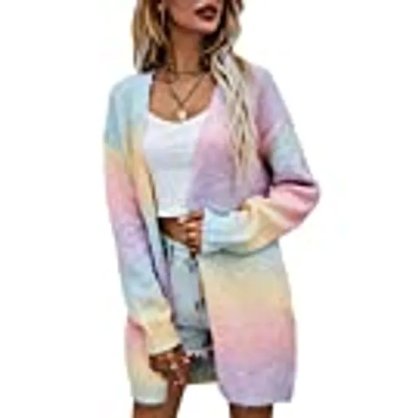 ECOWISH Womens Cardigan Color Block Striped Draped Kimono Cardigans Long Sleeve Open Front Casual Knit Sweaters Coat Outwear