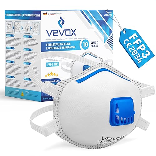 VEVOX® FFP1, FFP2 oder FFP3 Maske mit Ventil - 5er, 10er oder 20er Set - Staubmaske - Atemschutzmaske - Staubschutzmaske - Feinstaubmaske - Atemschutz z.B. gegen Feinstaub, Schimmel oder Asbest - 10 stück (1er Pack) - Ffp3