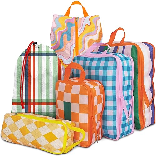 6 Pcs Compression Packing Cubes for Travel Suitcases, Waterproof Luggage Organizer Bags Set, Washable Packaging Cubes for Women Backpack Travel Perfect for Carry-Ons and Storage - Colorful Plaid