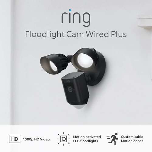 Ring Floodlight Cam Wired Plus by Amazon | Outdoor Security Camera 1080p HD Video, LED Floodlights, Siren, Wifi, Hardwired | alternative to CCTV system | 30-day free trial of Ring Protect | Black