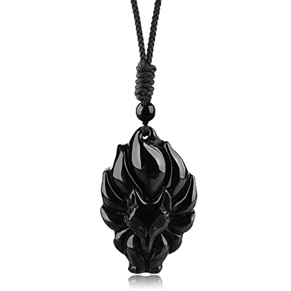 TIKCAUZ Fox Necklace Natural Crystal and Healing Stone with Adjustable Rope Handmade Gemstone Jewelry for Men Women - Tailed Fox Black Obsidian-S
