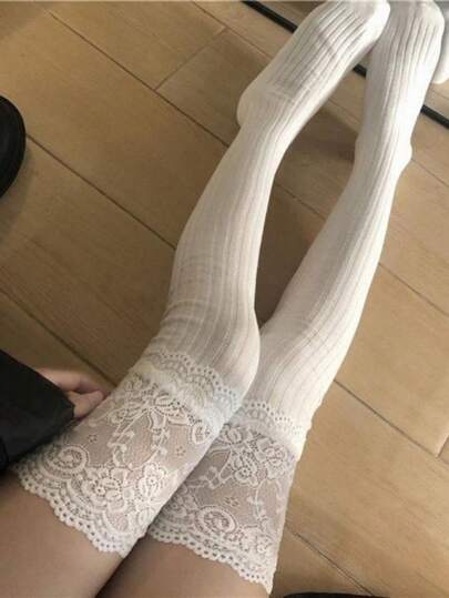 1 Pair Lace-Trim Thigh High Socks, Vertical Stripe Slimming Effect, Suitable For Holidays, Back To School, Home, Outdoor, Dates, Office, Students, Sexy Socks, Valentine's Day