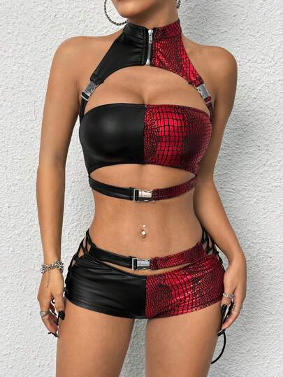 SHEIN ICON Y2k Summer Black Gothic Style Red And Black Contrast Metal Buckle Decor Hollow Out Crop Top With Ultra Low Waist Crisscross Tie Decor Mini Shorts Set