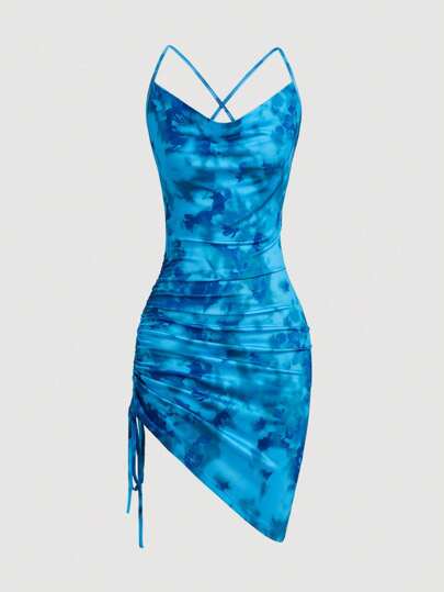 Firerie Plus Size Elegant Commuting Workwear Intellectual Vacation Refined Afternoon Tea Slightly Sexy Date Music Show Party INS Retro College Seaside Photo Shoot Elegant Vacation Plunging Hem Asymmetric Side Drawstring Printed Bodycon Spaghetti Strap Mini Dress