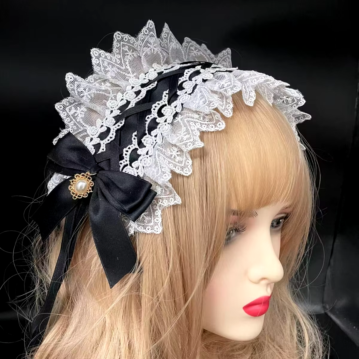 Fascia per capelli con fiocco in nastro di pizzo con forcine Lolita fascia arruffata dolce stella ricamo Anime cameriera Cosplay copricapo - AliExpress 200000532