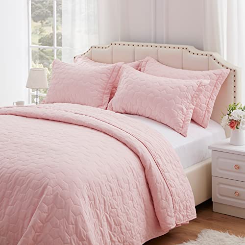 NexHome King Size Quilt Set Lightweight Bedspreads Soft Microfiber Reversible Quilted Coverlet Pink Modern Style Leaf Pattern Bedding Set for All Season 3 Pieces (1 Quilt, 2 Pillow Shams) - Pink - Leaf Pattern - King
