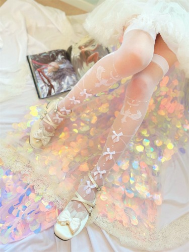 Sheer Lolita Nylon Thigh Highs - White Cross & Bows