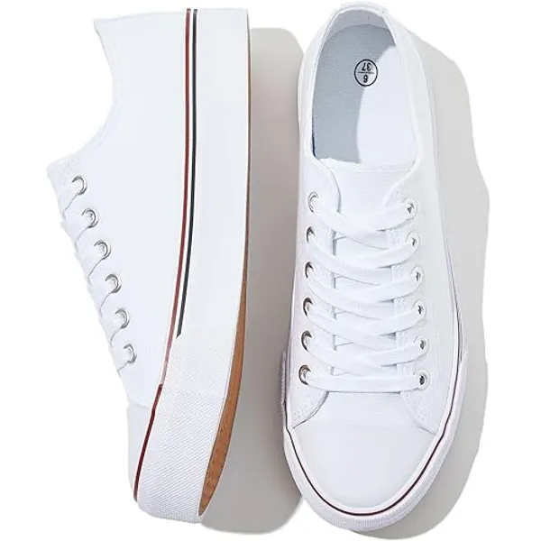 FRACORA Womens White Canvas Sneakers Low Top Lace Up Canvas Shoes Fashion Comfortable - 9 Women/7 Men - White