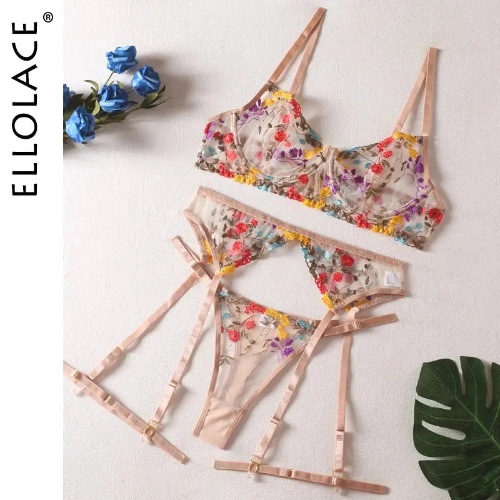 Lingerie Sensual Lace Underwear Transparent Embroidery 3-Piece Garters Fancy Beautiful Short Skin Care Kits Intimate - Khaki / M