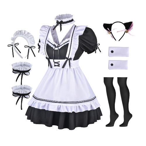 TOLINA Ladies Anime Cosplay French Black white bow Apron Dress Halloween Makeup Costume Furry Cat Ear Socks Set - Small