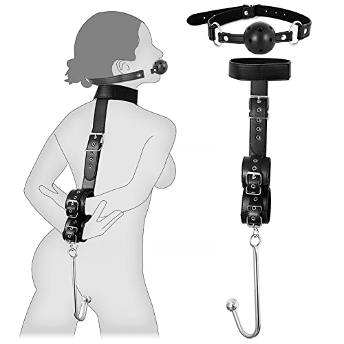 BDSM Anal Hook with Ball Gag, 2 in 1 Leather Sex Bondage Set Anal Trainer with Collar, Handcuffs & Adjustable Strap, Restraints Kit Role Play Butt Plug Fetish Slave SM Adult Sex Toys Unisex - Ball Gag