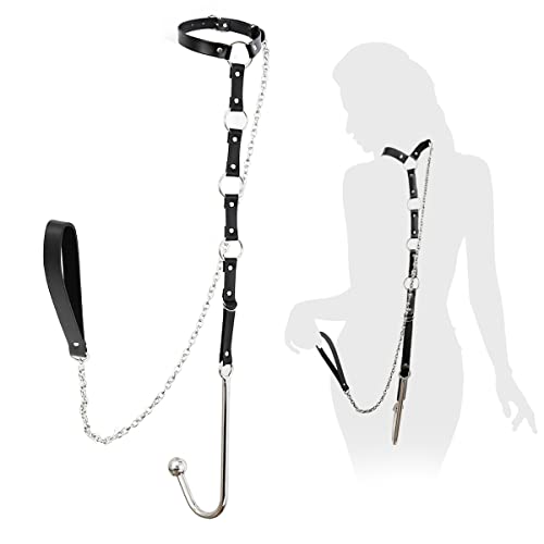 Sex Bondage BDSM Kit with Anal Hook, 2 in 1 Leather Restraints Kit with Adjustable Collar & Traction Chain, Sex Bondage Set Role Play Butt Plug Fetish Slave Unisex SM Sex Toy for Women & Couples - Traction Chain