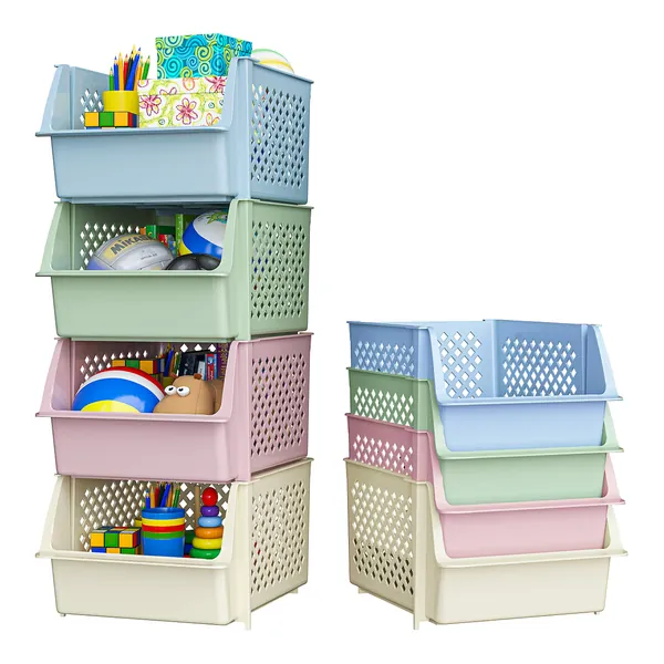 Skywin Plastic Stackable Storage Bins for Pantry - 4-Pack Multi-Colored Stackable Bins For Organizing Food, Kitchen, and Bathroom Essentials - Multi