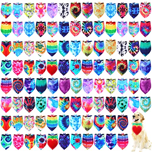 Silkfly 100 Pcs Summer Cute Dog Bandanas Bulk for Dogs Tie Dye Dog Bandanas Washable Triangle Dog Scarf Dog Kerchief Set Puppy Neckerchief for Small Medium Large Pet Girls Boys Puppy Gifts(Large) - Large